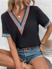 Full Size V-Neck Short Sleeve Blouse - Trendsi