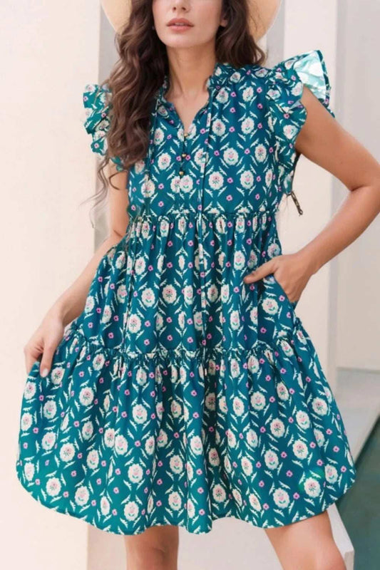 Printed Tie Neck Ruffled Cap Sleeve Dress - Trendsi - Flyclothing LLC