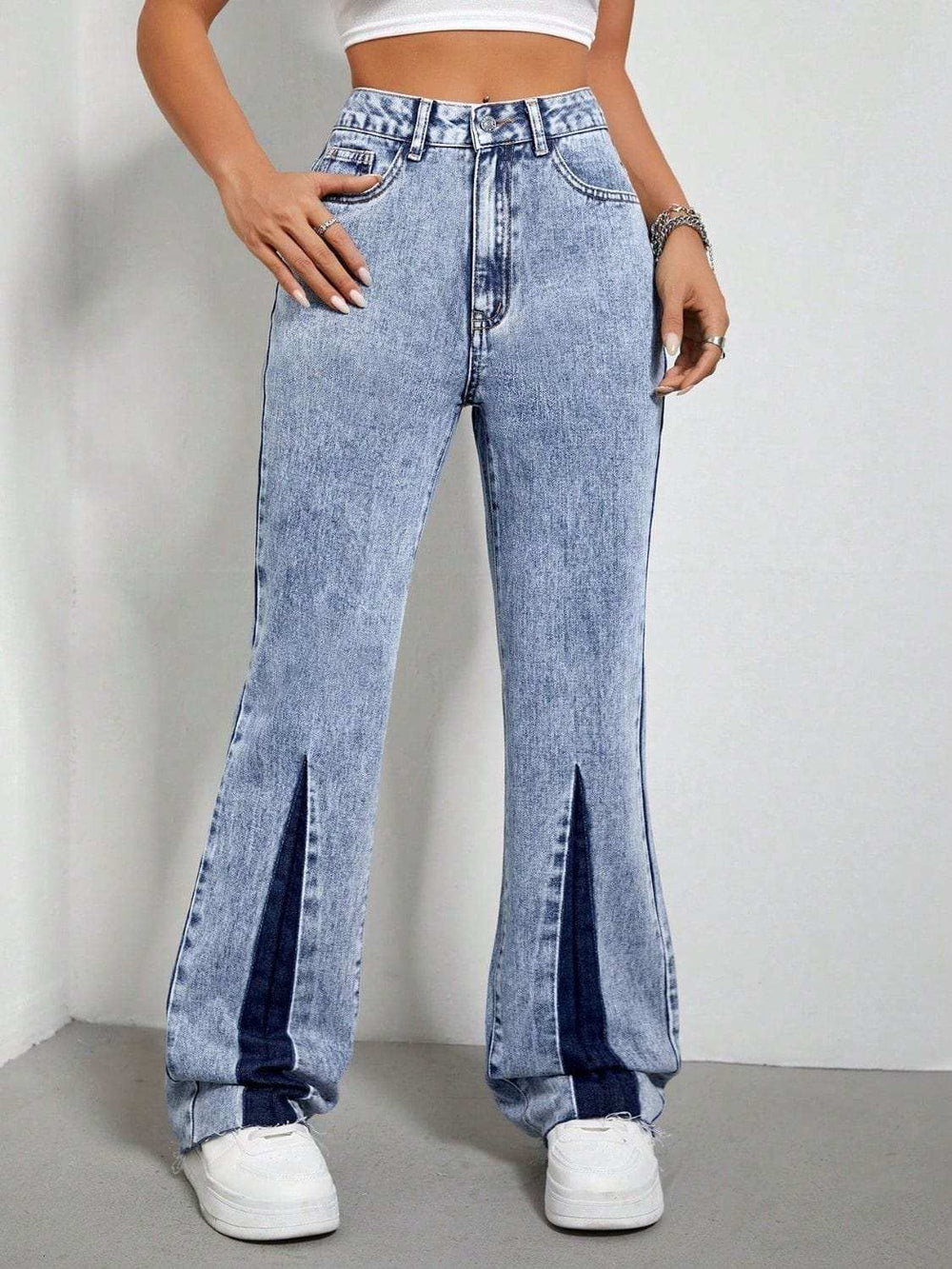 Contrast Bootcut Jeans with Pockets - Trendsi - Flyclothing LLC