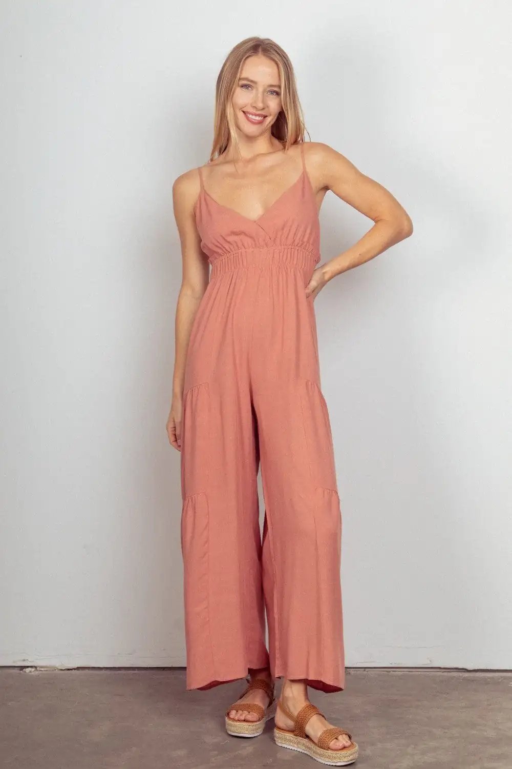 VERY J Sleeveless Ruched Wide Leg Jumpsuit - Trendsi