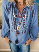 Floral Embroidered Split Neck Tassel Tie Puff Sleeve Blouse - Trendsi - Flyclothing LLC