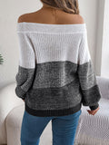 Color Block Off-Shoulder Long Sleeve Sweater - Trendsi