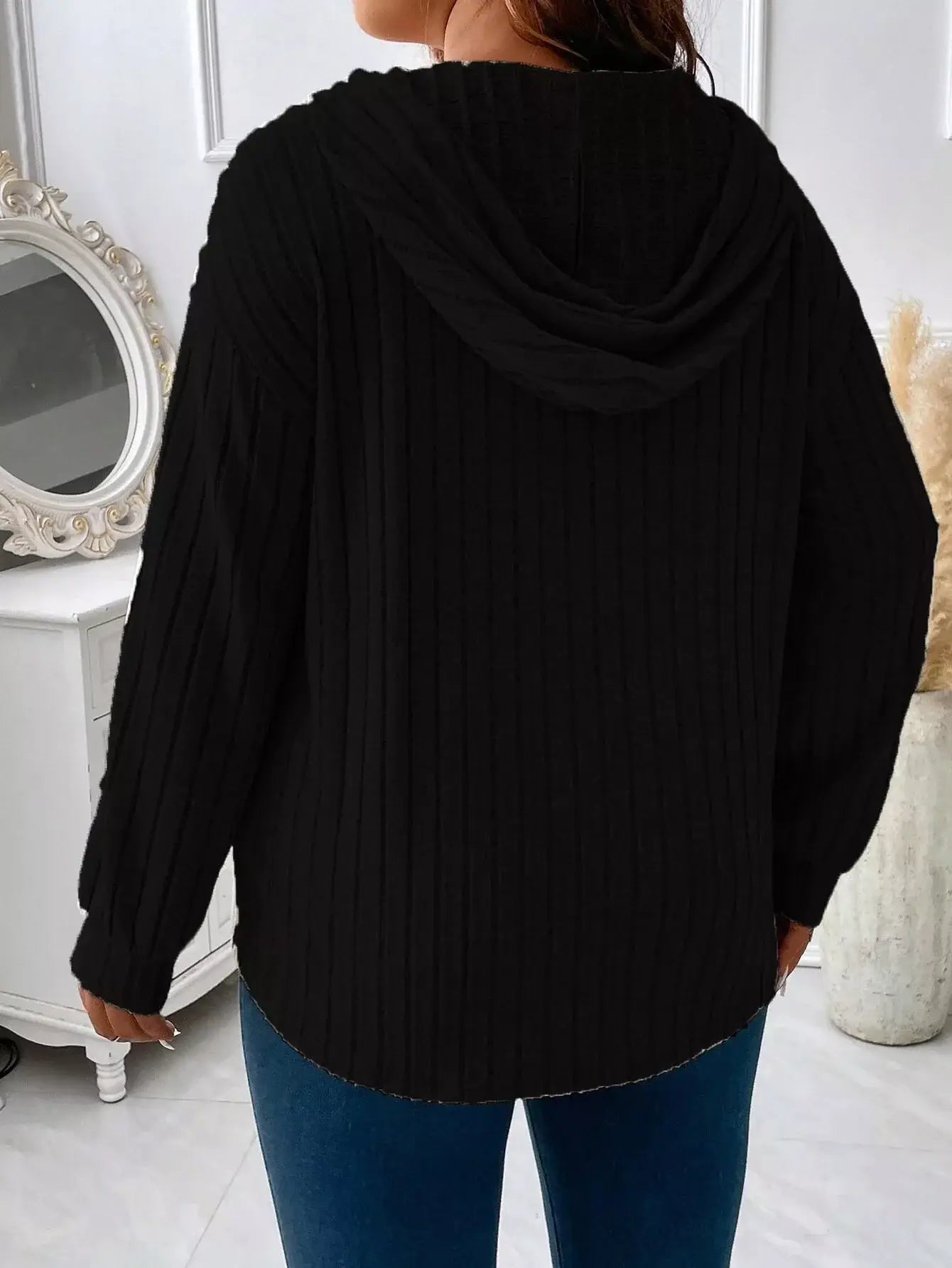 Ribbed Knit Drawstring Hooded T-Shirt - Trendsi - Flyclothing LLC