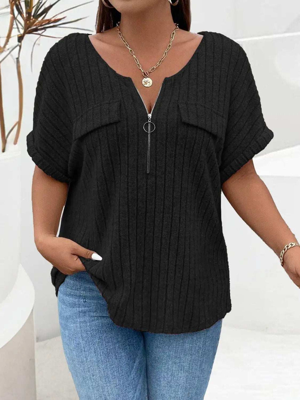 Plus Size Half Zip Short Sleeve T-Shirt - Trendsi - Flyclothing LLC