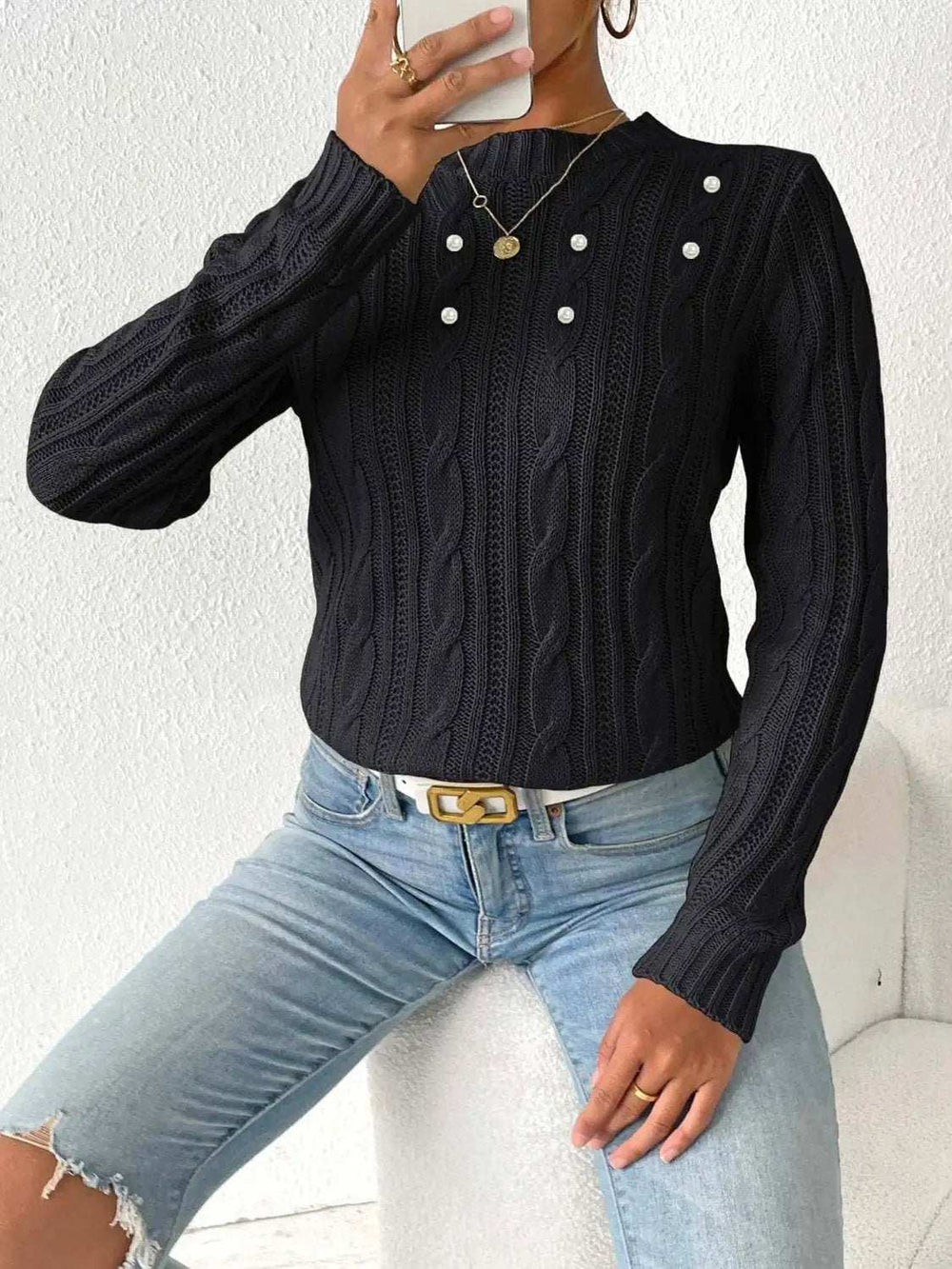 Cable-Knit Round Neck Long Sleeve Sweater - Trendsi - Flyclothing LLC