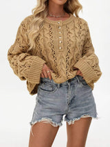 Chic Cable Knit Half-Button Openwork Sweater - Trendsi - Flyclothing LLC