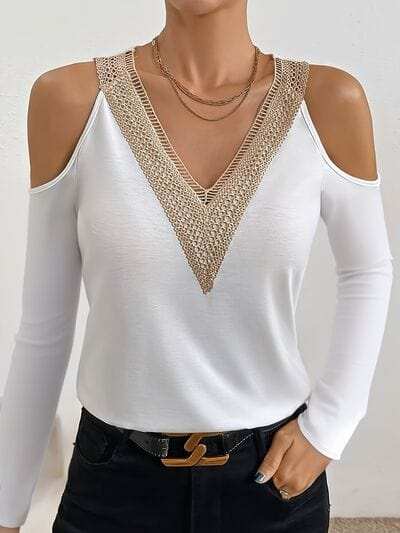 V-Neck Cold Shoulder Long Sleeve T-Shirt - Trendsi - Flyclothing LLC