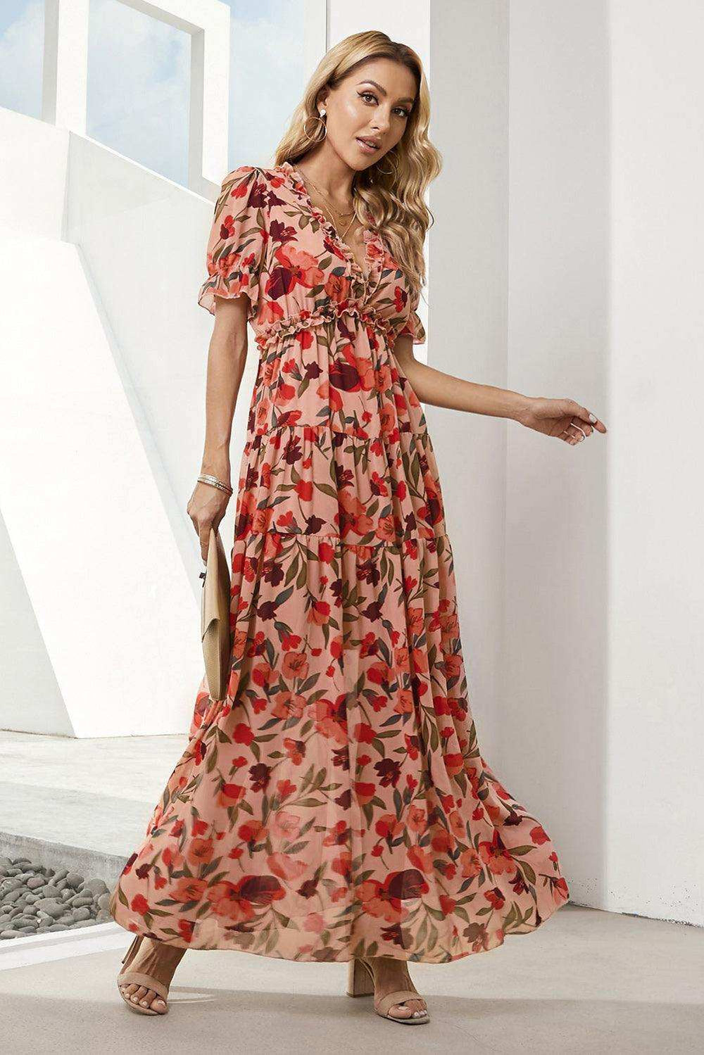 Floral V-Neck Short Flounce Sleeve Dress - Trendsi - Flyclothing LLC