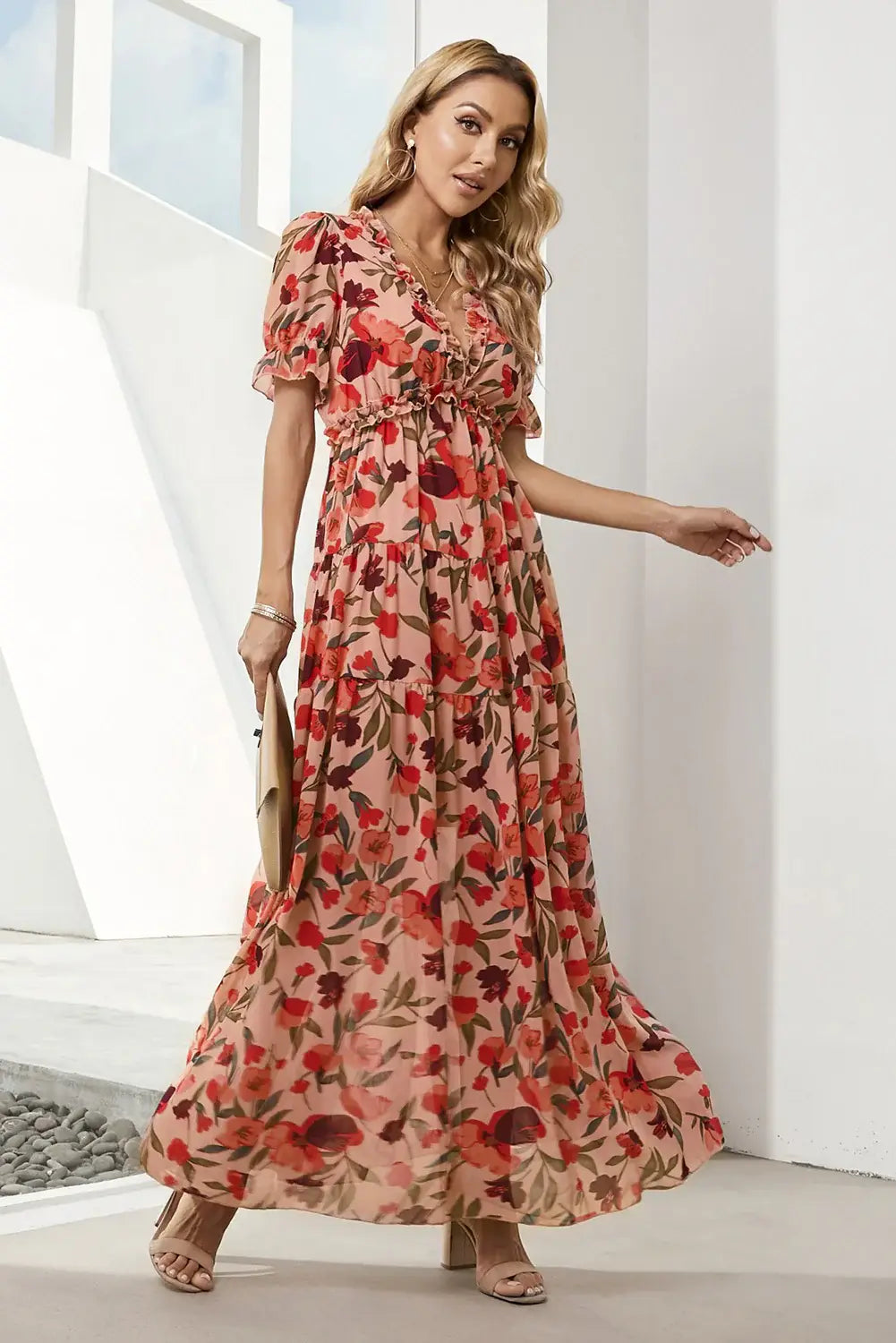 Floral V-Neck Short Flounce Sleeve Dress - Trendsi - Flyclothing LLC