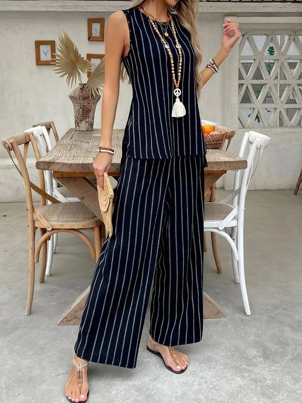 Striped Sleeveless Top and Pants Two-Piece Set - Trendsi