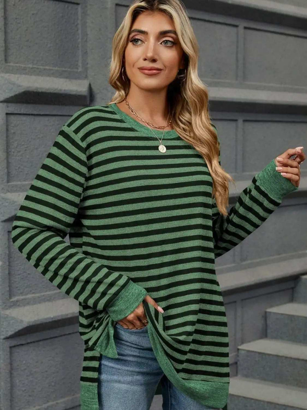Striped Round Neck Long Sleeve T-Shirt - Trendsi - Flyclothing LLC