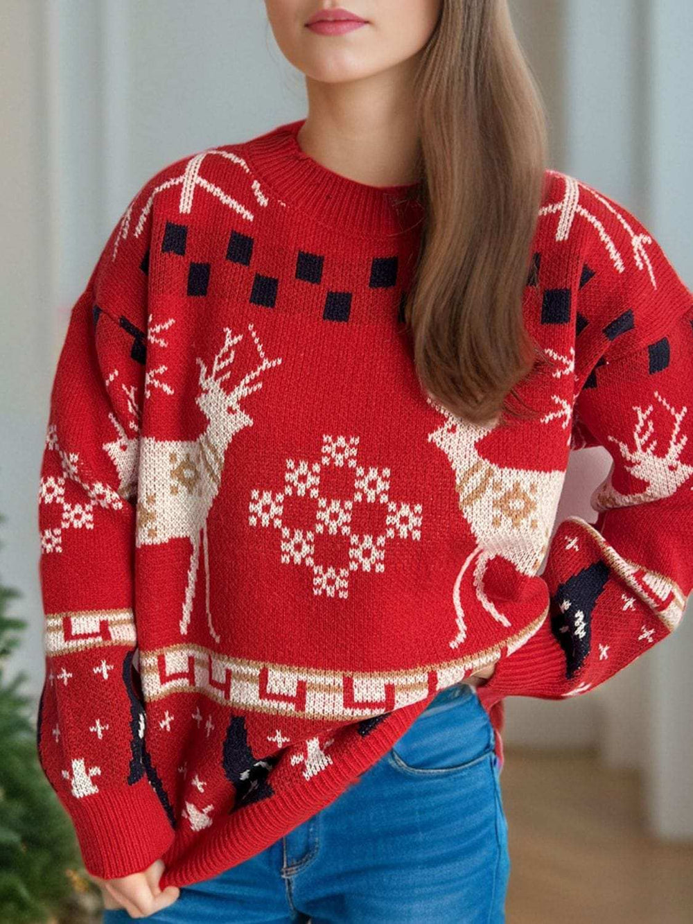 Christmas Element Round Neck Long Sleeve Sweater - Trendsi - Flyclothing LLC
