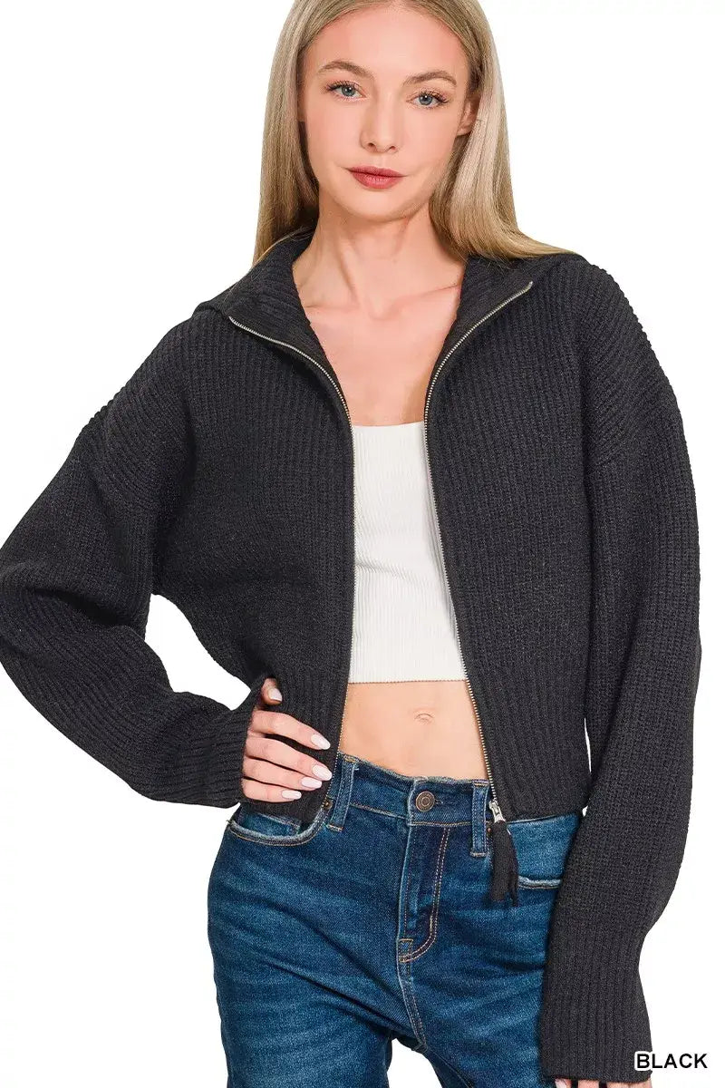 Zenana Ribbed Collared Zip Up Sweater Cardigan - Trendsi - Flyclothing LLC