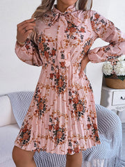Pleated Printed Tie Neck Long Sleeve Dress - Trendsi