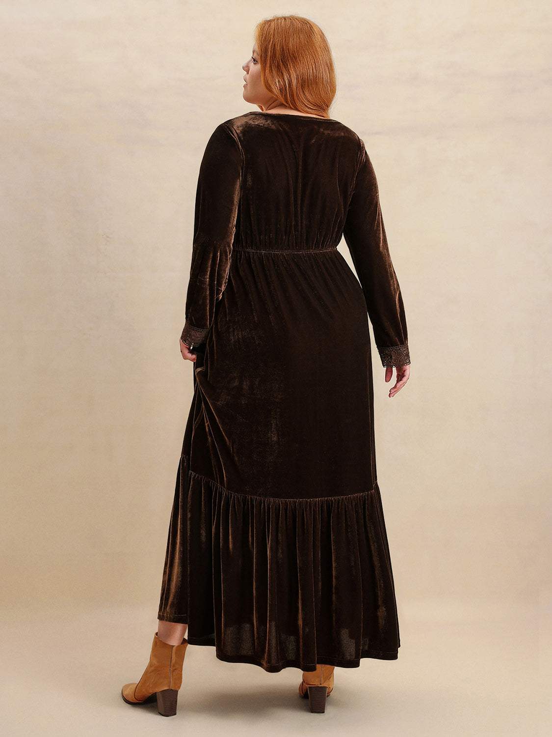 Plus Size Lace Detail V-Neck Long Sleeve Midi Dress - Trendsi - Flyclothing LLC