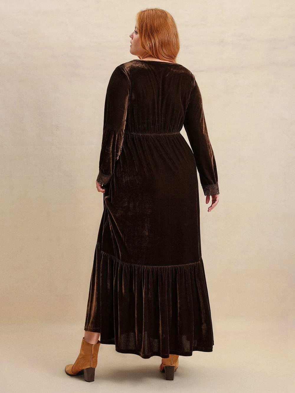 Plus Size Lace Detail V-Neck Long Sleeve Midi Dress - Trendsi - Flyclothing LLC