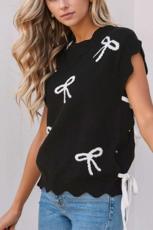 Bow Side Ties Scalloped Hem Cap Sleeve Sweater - Trendsi - Flyclothing LLC