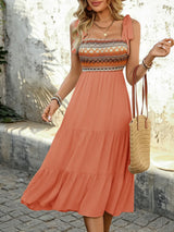 Tie Shoulder Square Neck Tiered Midi Dress - Trendsi - Flyclothing LLC