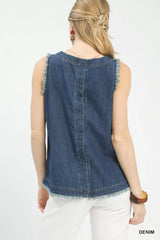Umgee Sleeveless Fringe Hem Denim Top - Trendsi - Flyclothing LLC