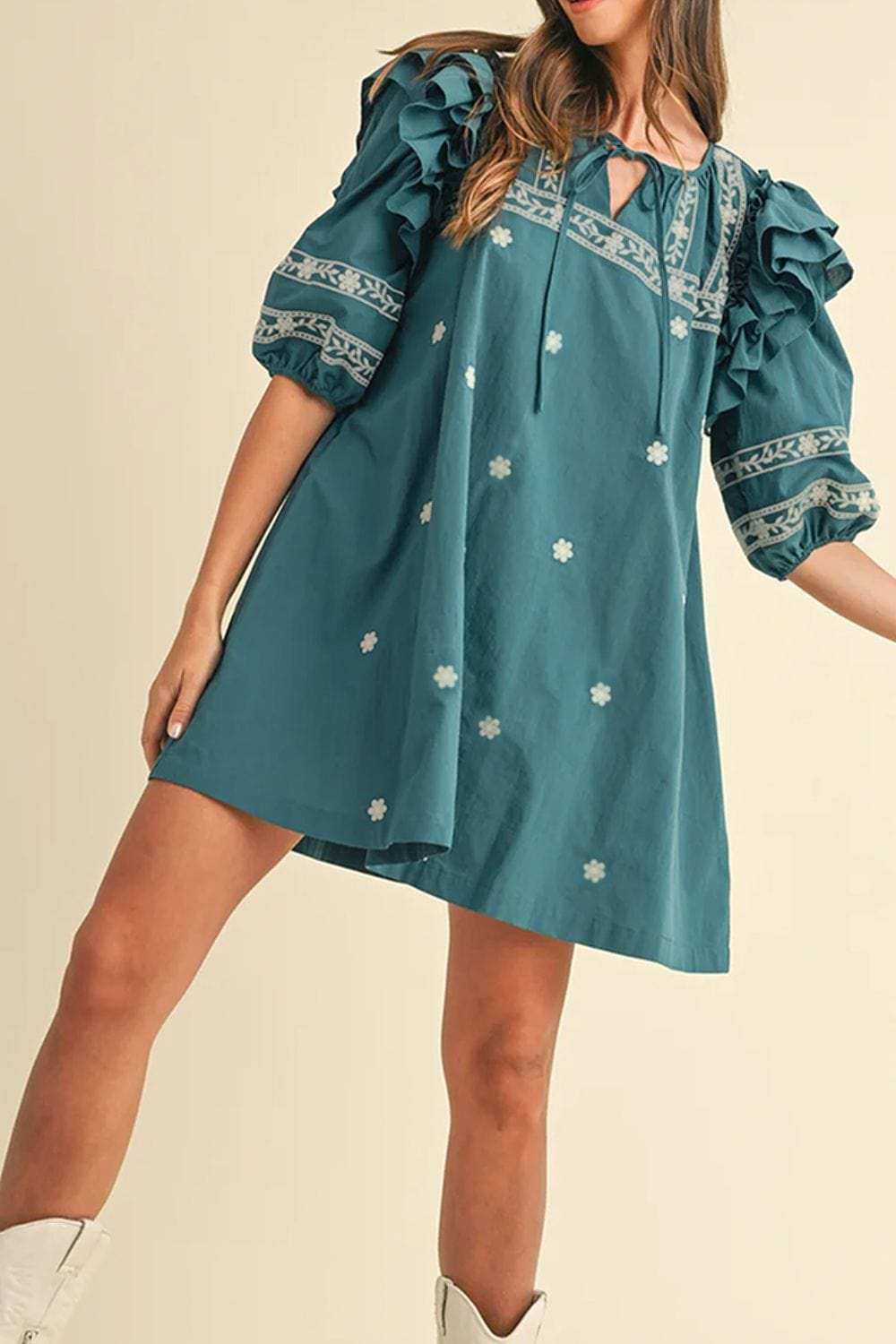 Floral Ruffle Puff Sleeve Tie Neck Mini Dress - Trendsi - Flyclothing LLC