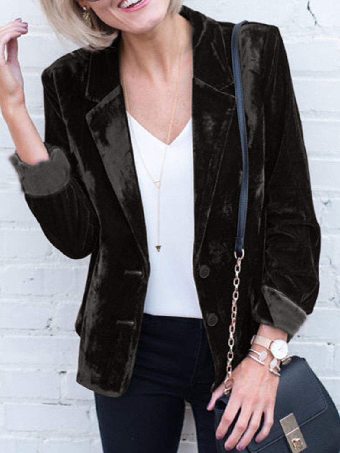 Button Up Lapel Collar Blazer - Trendsi - Flyclothing LLC