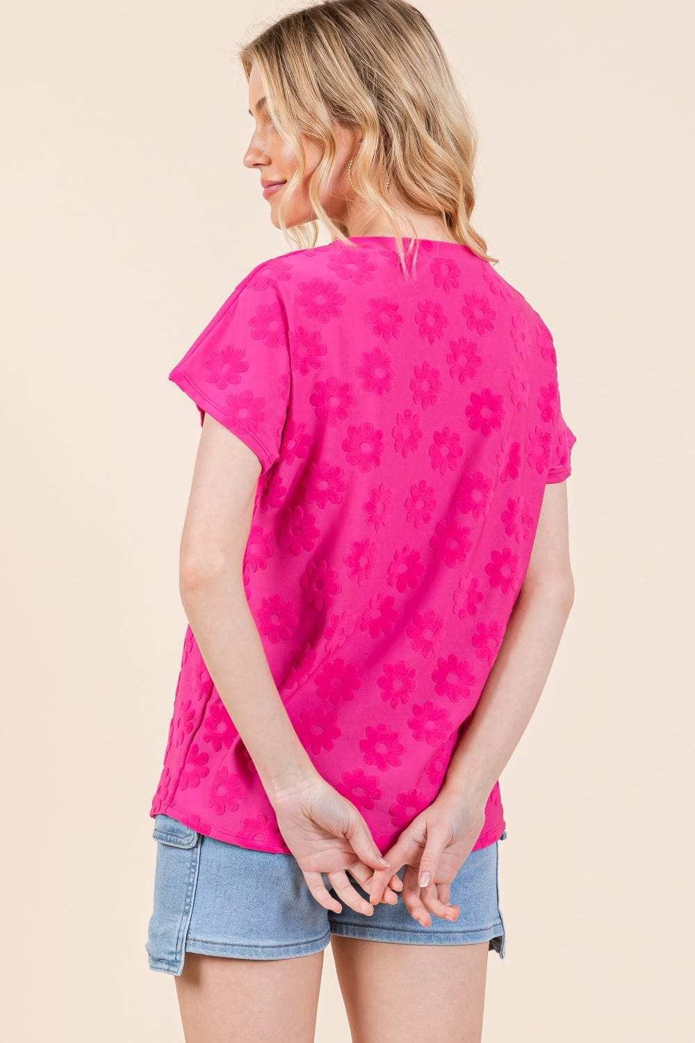 BOMBOM Textured Floral Pattern Short Sleeve T-Shirt - Trendsi - Flyclothing LLC