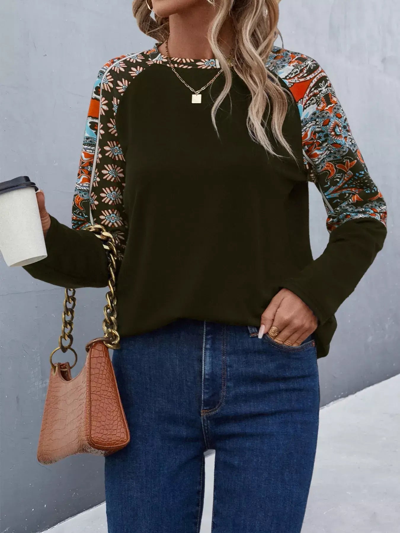 Printed Raglan Sleeve Round Neck T-Shirt - Trendsi - Flyclothing LLC