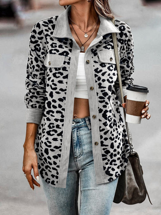 Full Size Leopard Collared Neck Button Up Long Sleeve Jacket - Trendsi