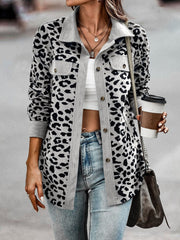 Full Size Leopard Collared Neck Button Up Long Sleeve Jacket - Trendsi
