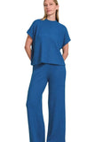 Zenana Rolled Sleeve Top and Pants Sweater Set - Trendsi