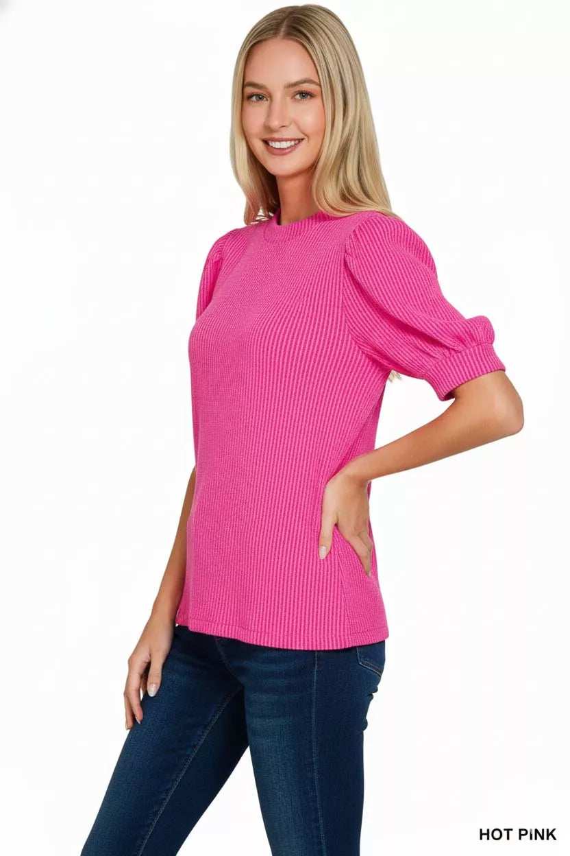 Zenana Raised Rib Puff Sleeve Top - Trendsi - Flyclothing LLC