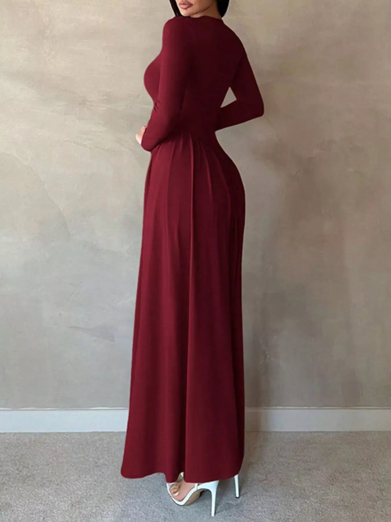 Long Sleeve Ruched A-Line Maxi Dress - Trendsi - Flyclothing LLC