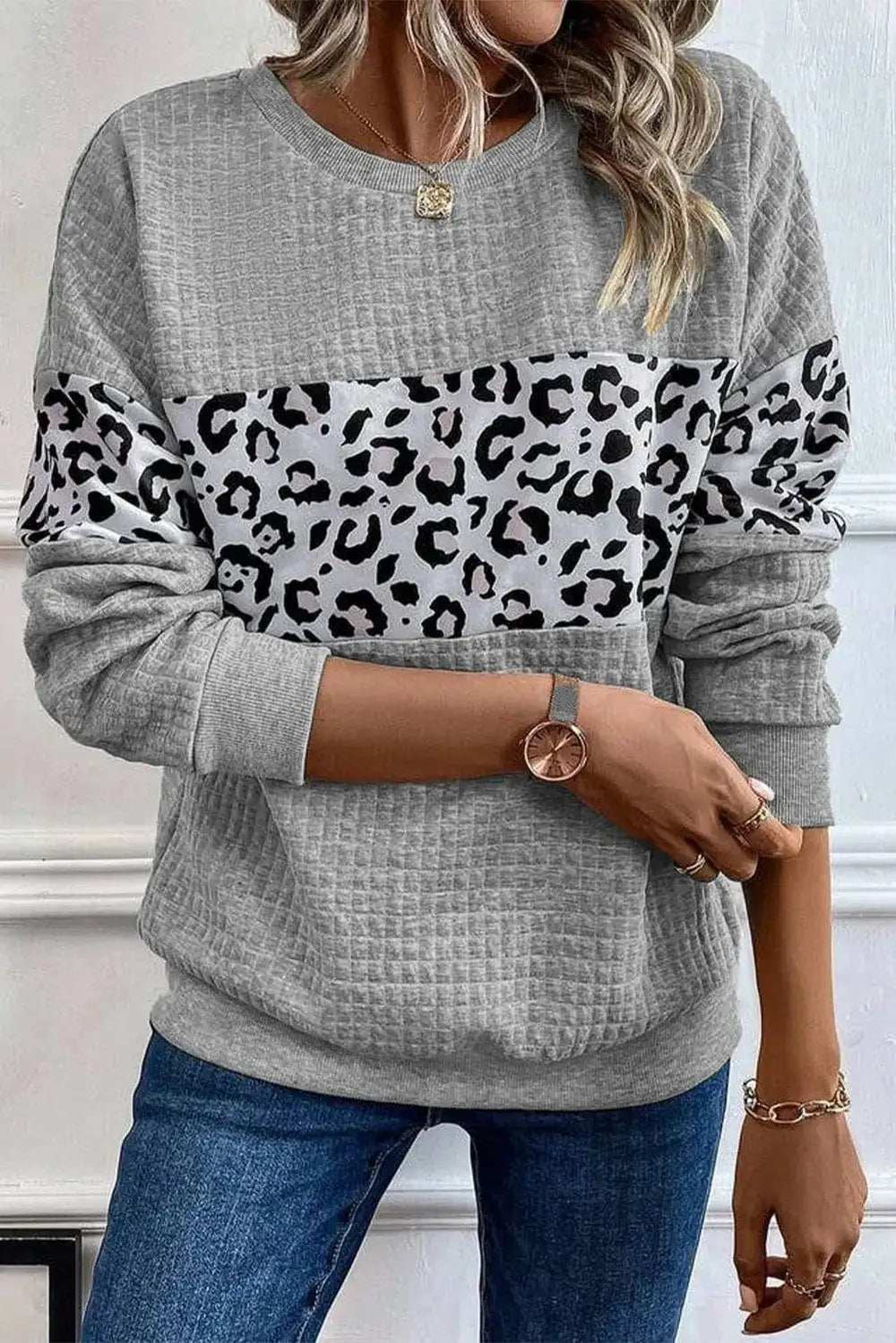 Leopard Round Neck Long Sleeve Sweatshirt - Trendsi - Flyclothing LLC