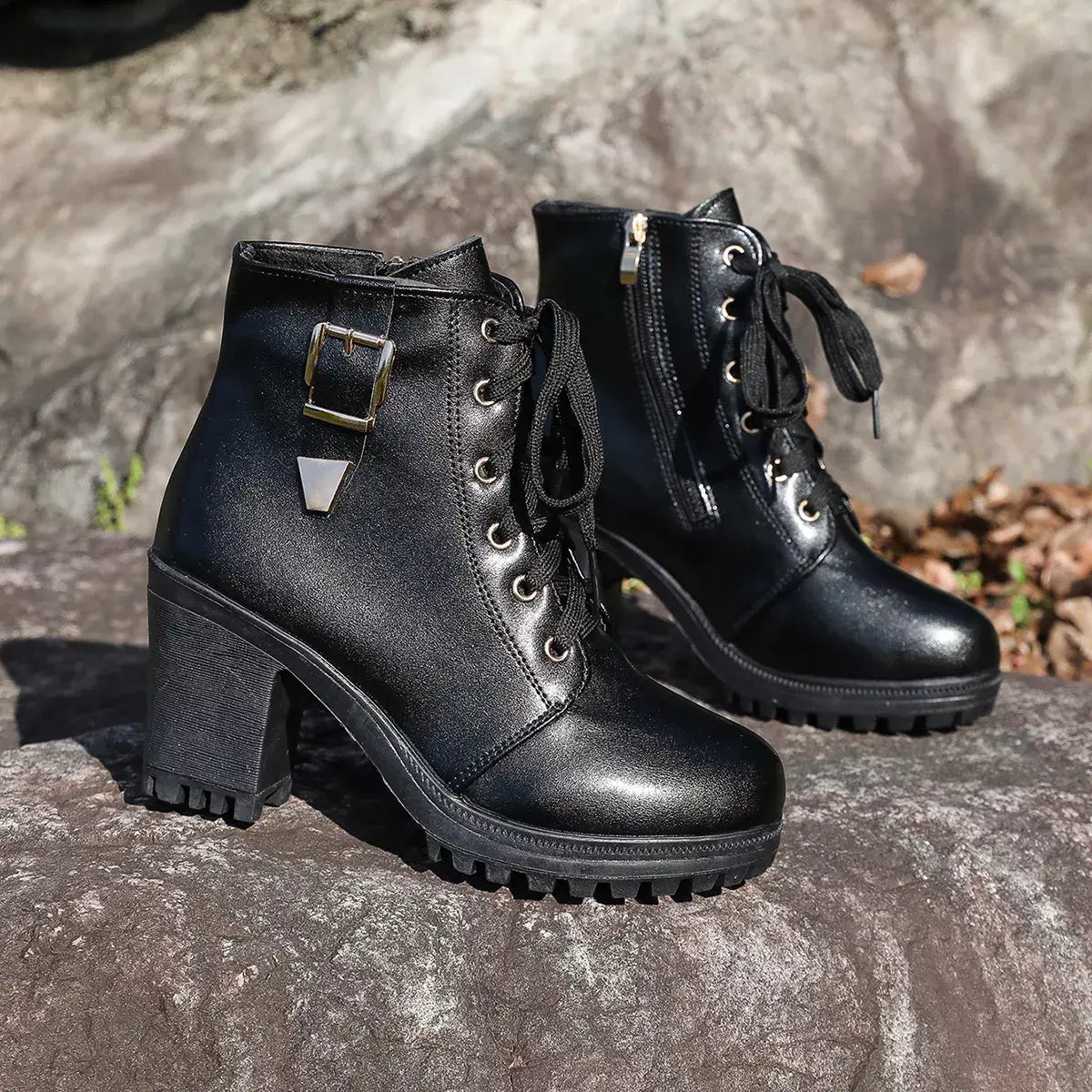 Lace Up Block Heels Boots - Trendsi - Flyclothing LLC