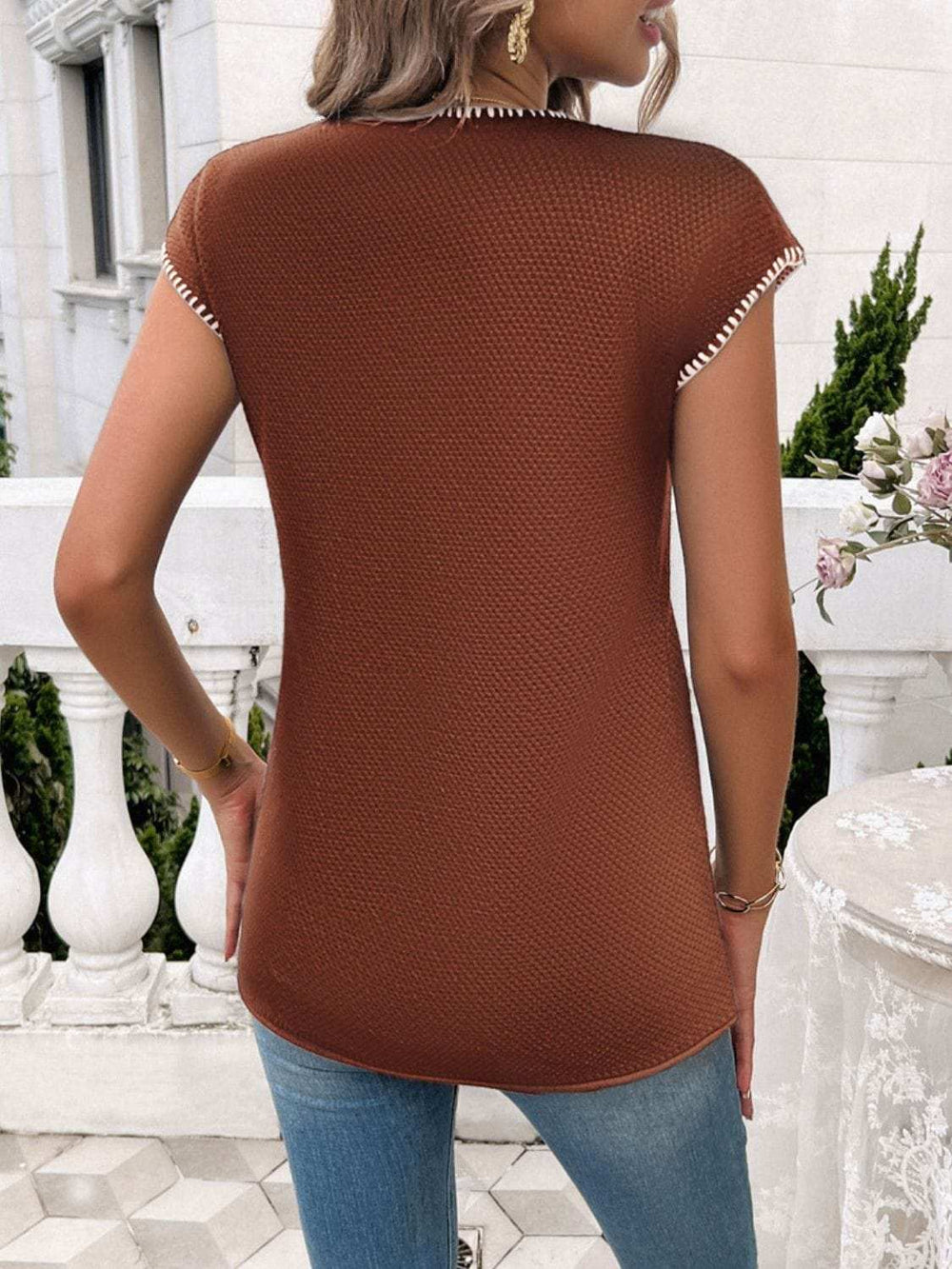 Round Neck Cap Sleeve Knit Top - Trendsi - Flyclothing LLC
