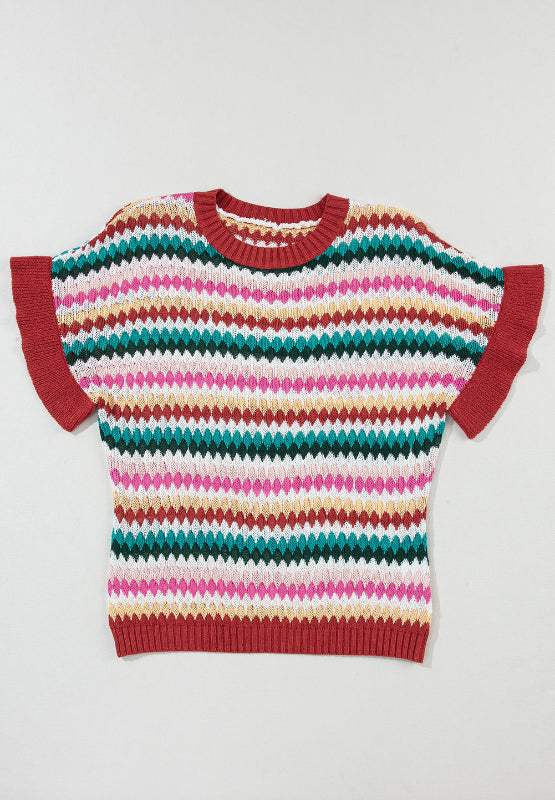 Contrast Round Neck Short Sleeve Sweater - Trendsi - Flyclothing LLC