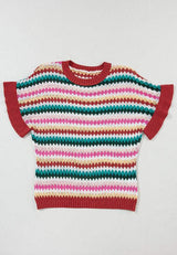 Contrast Round Neck Short Sleeve Sweater - Trendsi - Flyclothing LLC