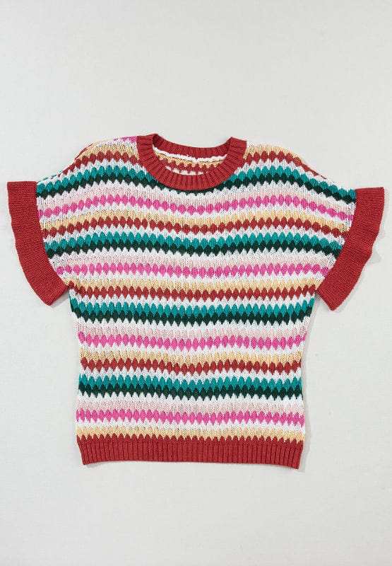 Contrast Round Neck Short Sleeve Sweater - Trendsi - Flyclothing LLC