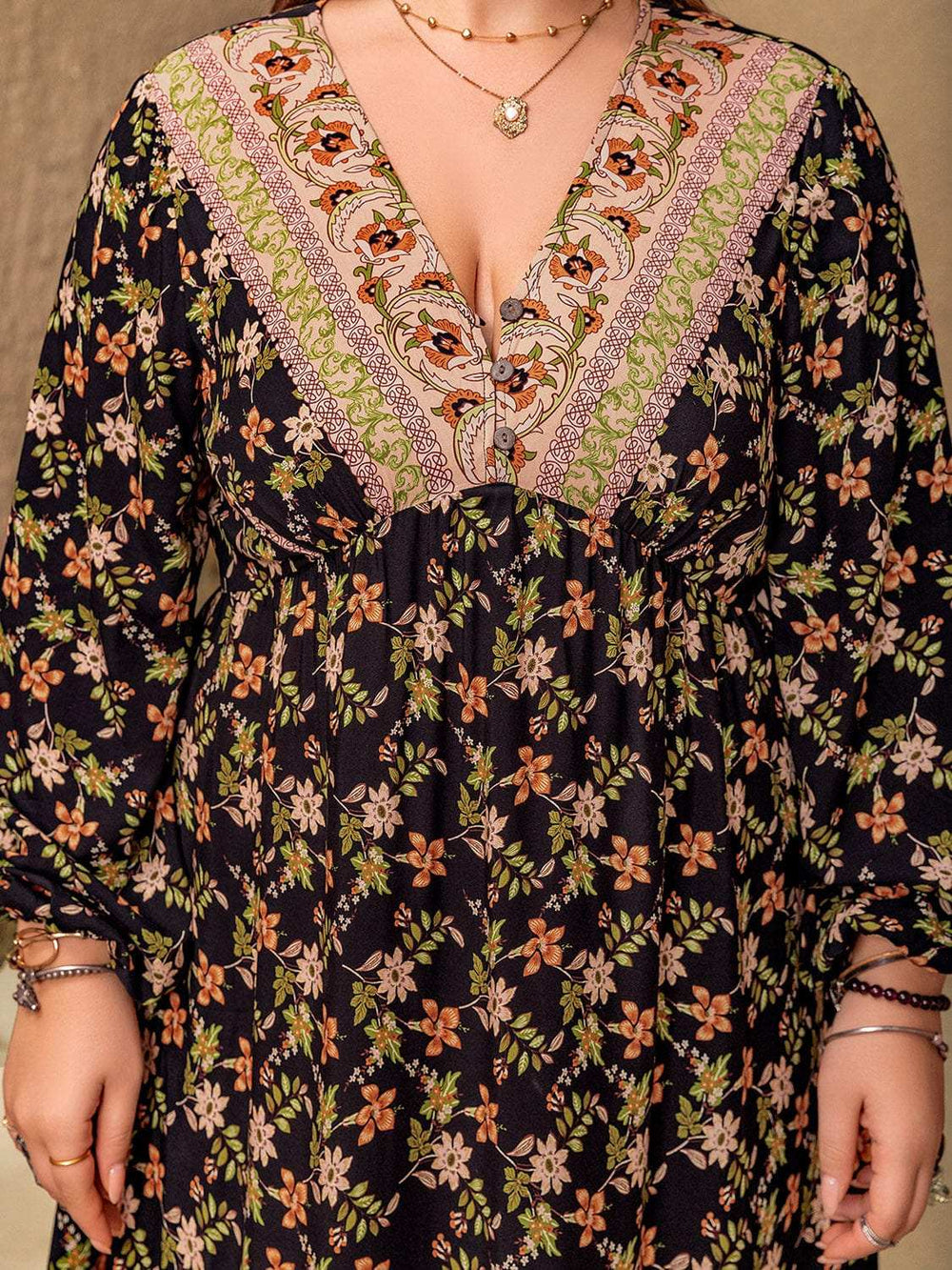 Plus Size Floral V-Neck Balloon Sleeve Dress - Trendsi - Flyclothing LLC