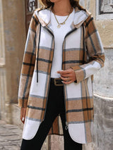 Drawstring Plaid Zip Up Long Sleeve Hooded Outerwear - Trendsi - Flyclothing LLC