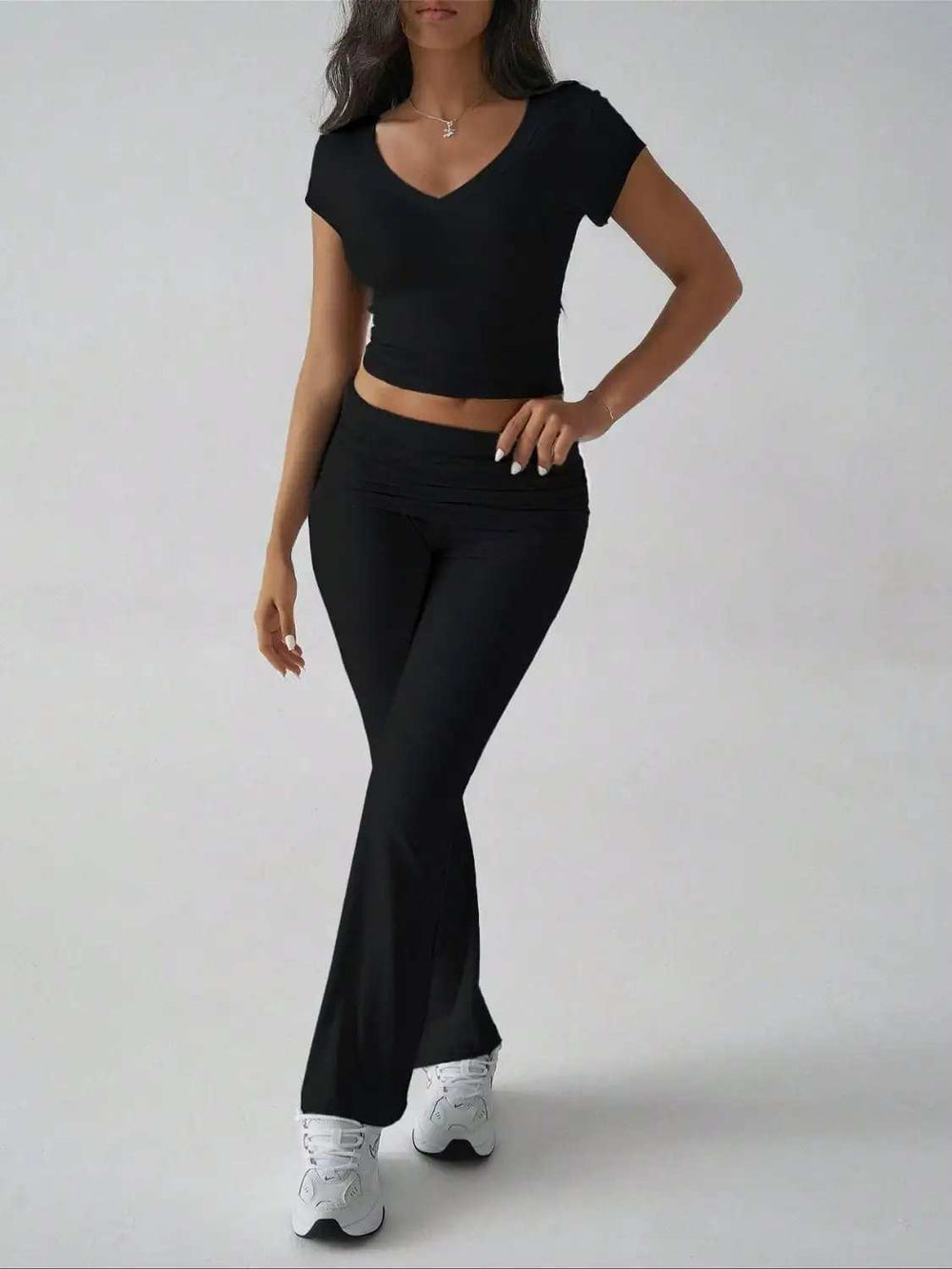 Devine V-Neck Top and Bootcut Leggings Set - Trendsi - Flyclothing LLC
