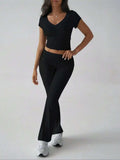 Devine V-Neck Top and Bootcut Leggings Set - Trendsi - Flyclothing LLC