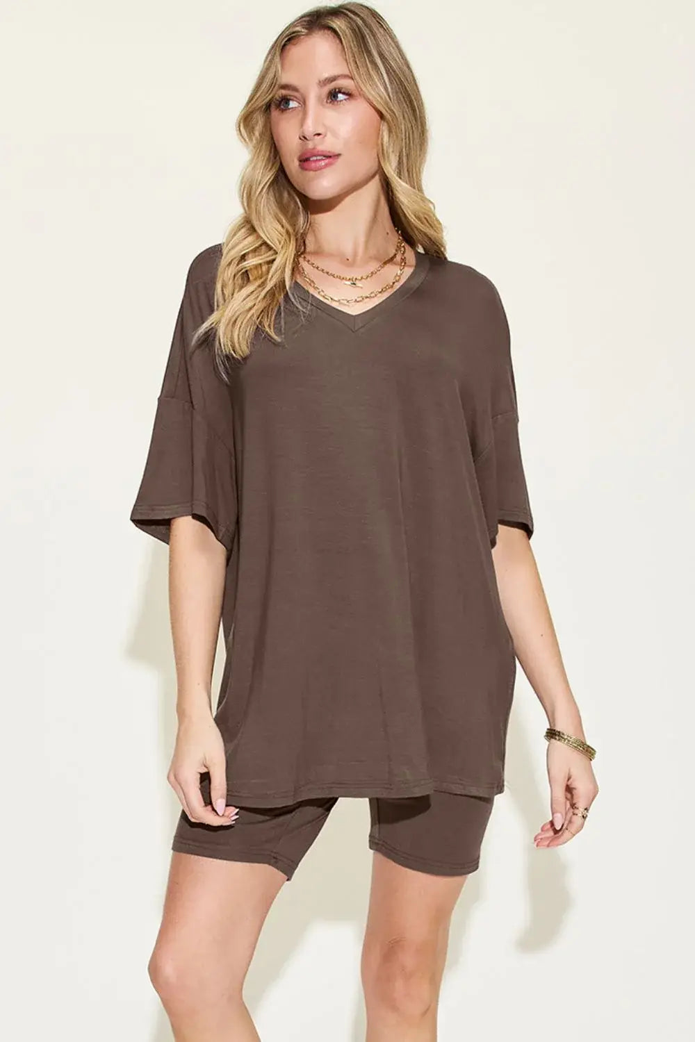 Basic Bae Full Size V-Neck Drop Shoulder T-Shirt and Shorts Set - ShopBasicbae - Flyclothing LLC