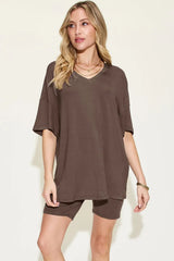 Basic Bae Full Size V-Neck Drop Shoulder T-Shirt and Shorts Set - ShopBasicbae - Flyclothing LLC