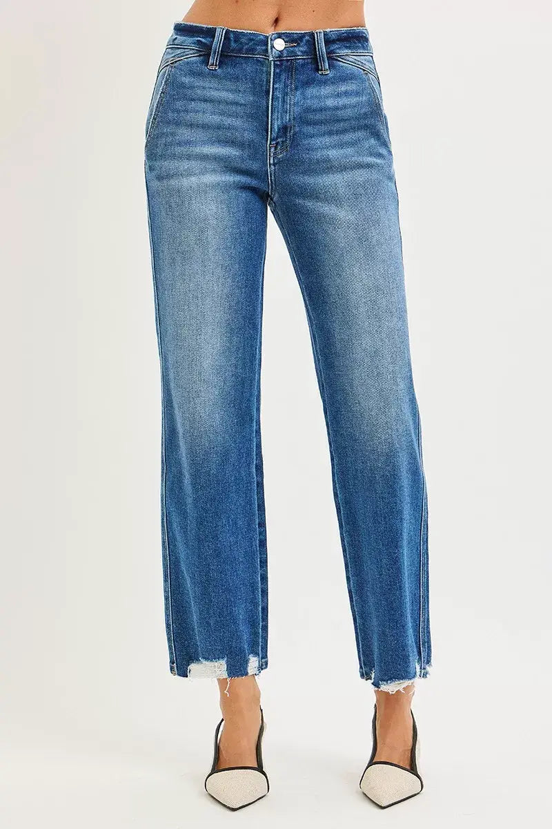 RISEN High Rise Ankle Straight Distressed Hem Detail Jeans - Trendsi - Flyclothing LLC