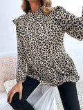 Ruffled Leopard Mock Neck Long Sleeve Blouse - Trendsi - Flyclothing LLC