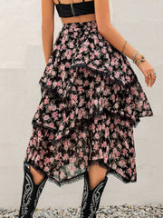 Lace Detail Layered Printed Skirt - Trendsi