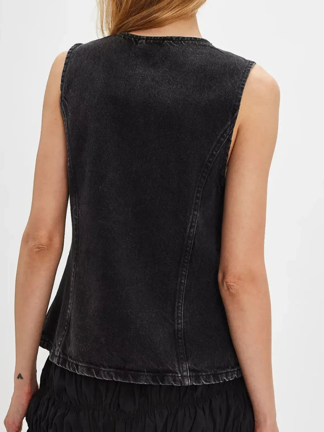 Button Down Round Neck Denim Vest - Trendsi - Flyclothing LLC