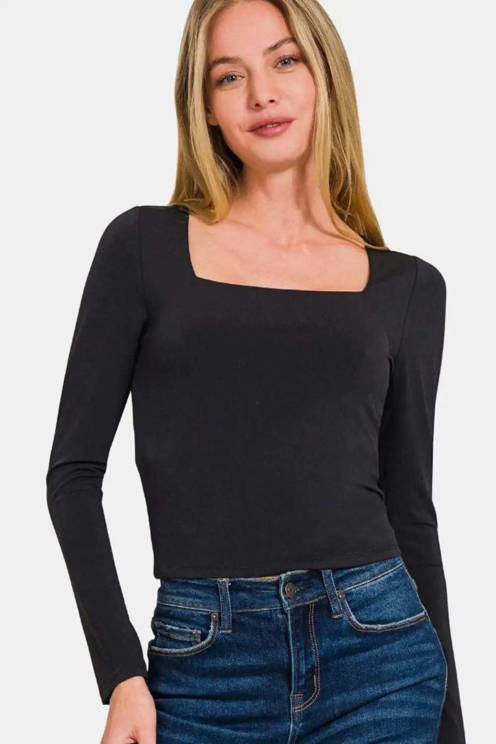 Zenana Square Neck Fitted Long Sleeve T-Shirt - Trendsi - Flyclothing LLC