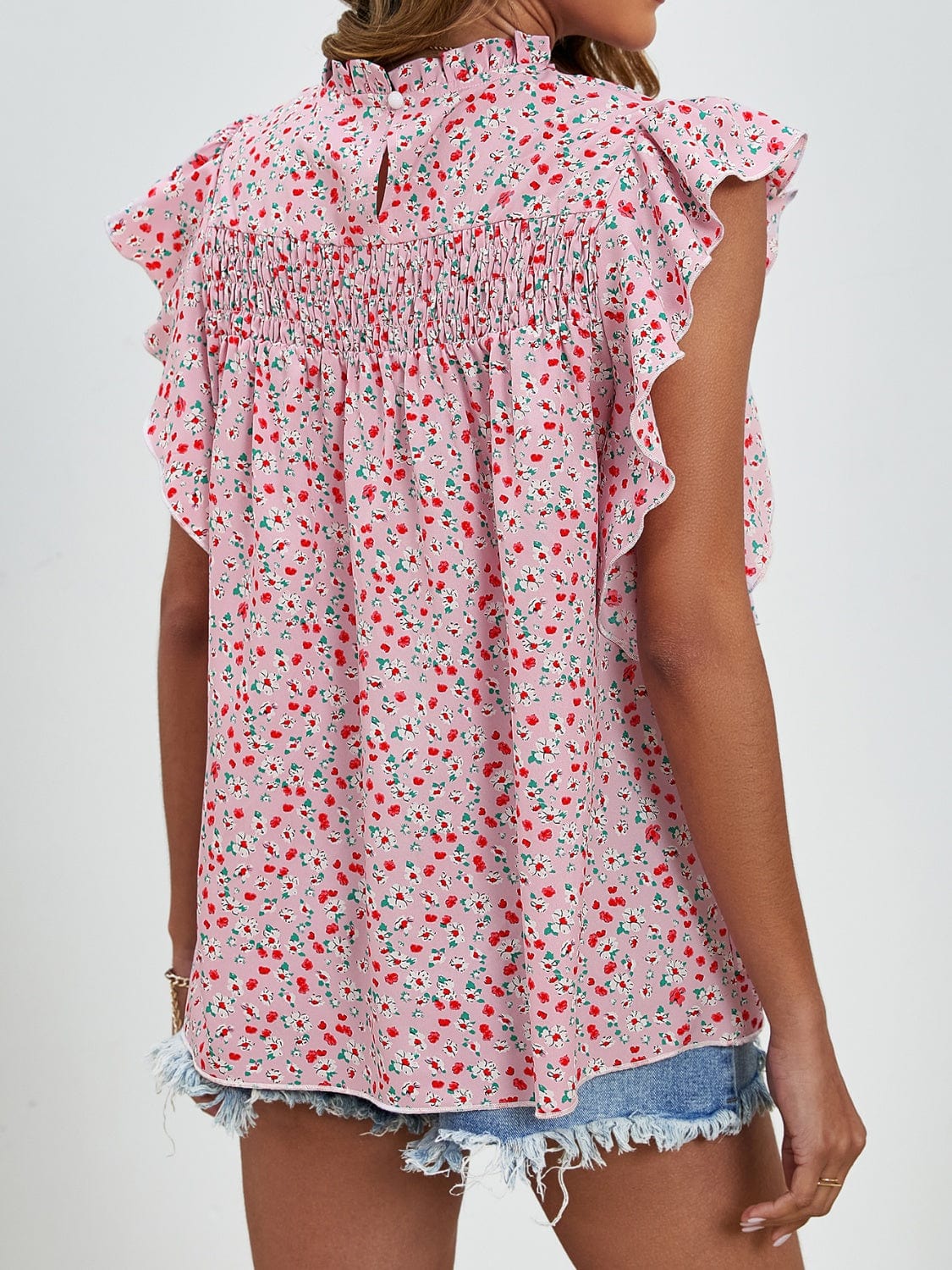 Ruffled Ditsy Floral Mock Neck Cap Sleeve Blouse - Trendsi